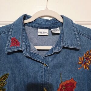 Bobbie Brooks Woman Denim Shirt Fall Leaf Embroidery Button Down Size 14W 16W